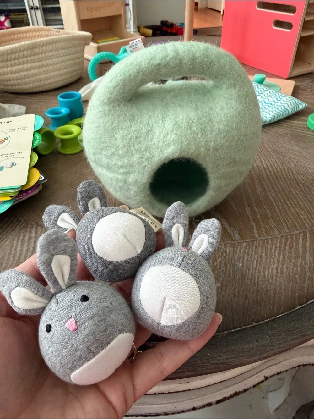 Lovevery Felt Bunnies in a Burrow Handheld Play Pod for Kids - Sage Green